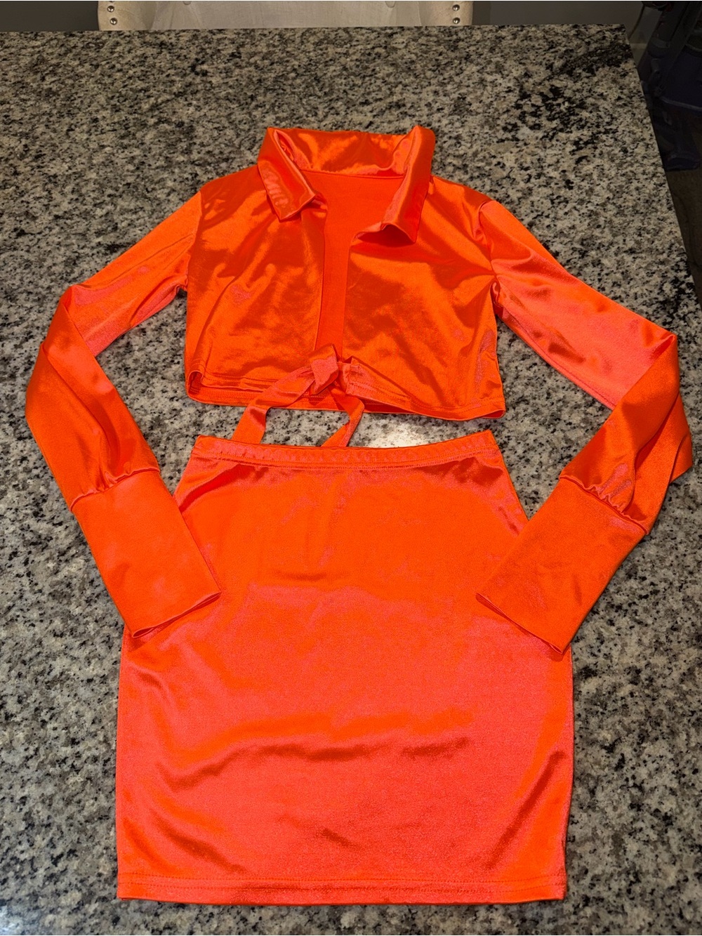 Neon Orange Satin Two-Piece Skirt Set